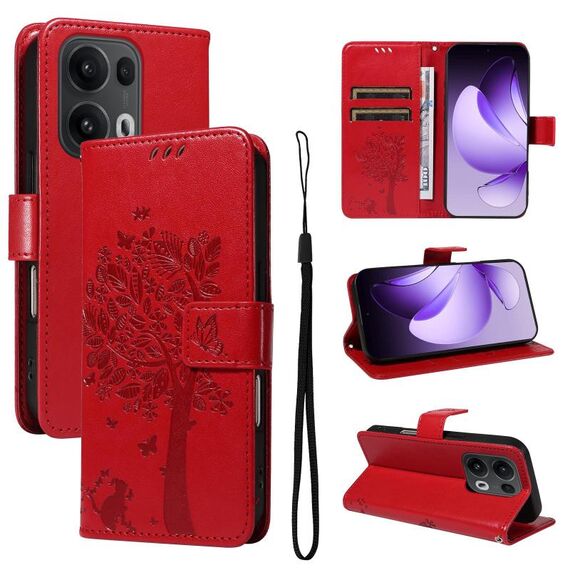 Per OPPO Reno13 Pro 5G Custodia per telefono in pelle con motivo a rilievo albero e gatto globale (rosso)