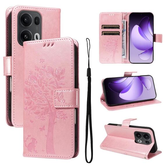 Per OPPO Reno13 Pro 5G Custodia per telefono in pelle con motivo in rilievo albero e gatto (oro rosa)