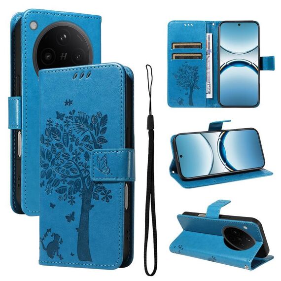Per OPPO Find X8 Custodia per telefono in pelle con motivo a rilievo albero e gatto (blu)