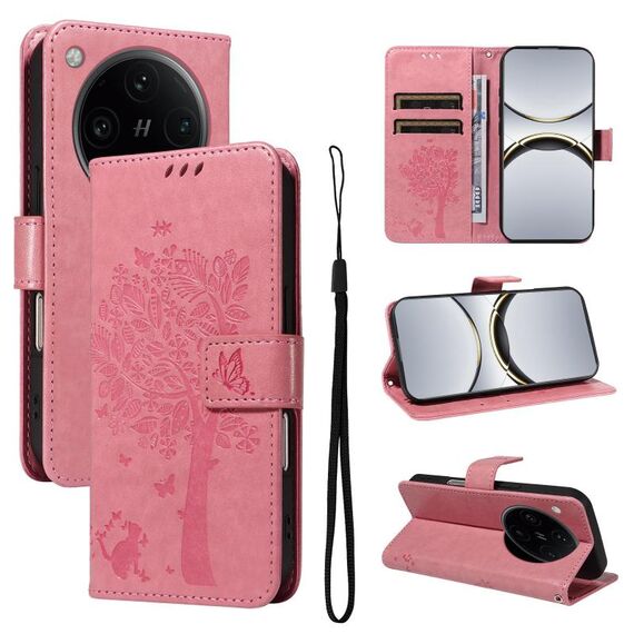 Per OPPO Find X8 Pro Custodia per telefono in pelle con motivo a rilievo albero e gatto (rosa)