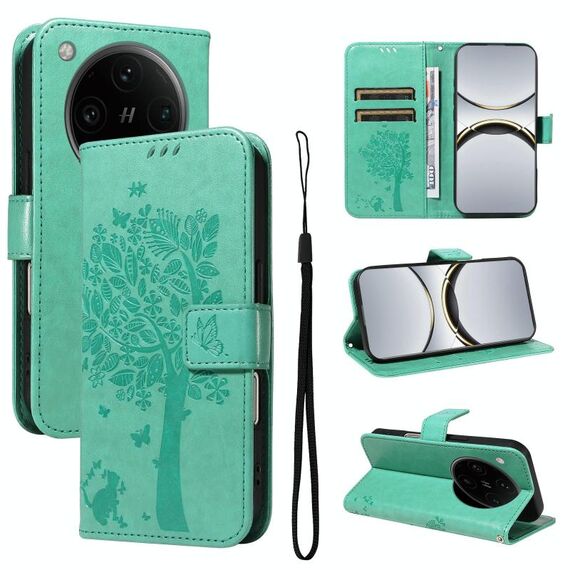 Per OPPO Find X8 Pro Custodia per telefono in pelle con motivo a rilievo albero e gatto globale (verde)