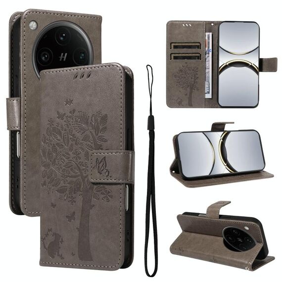 Per OPPO Find X8 Pro Custodia per telefono in pelle con motivo a rilievo albero e gatto (grigio)