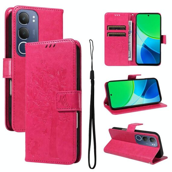 Per vivo Y19 4G Custodia per telefono in pelle con motivo a rilievo albero e gatto globale (rosso rosa)