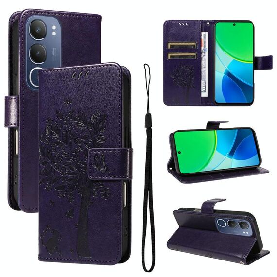 Per vivo Y19 4G Custodia per telefono in pelle con motivo a rilievo albero e gatto globale (viola)