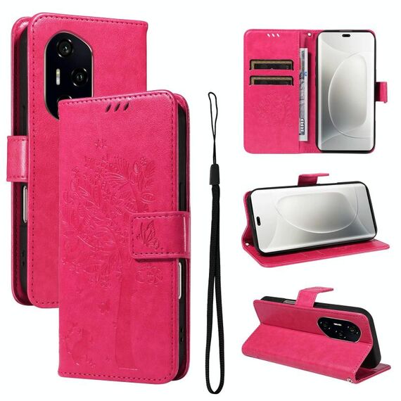 Per Honor 300 Pro / 300 Ultra Custodia in pelle con motivo in rilievo albero e gatto (rosso rosa)