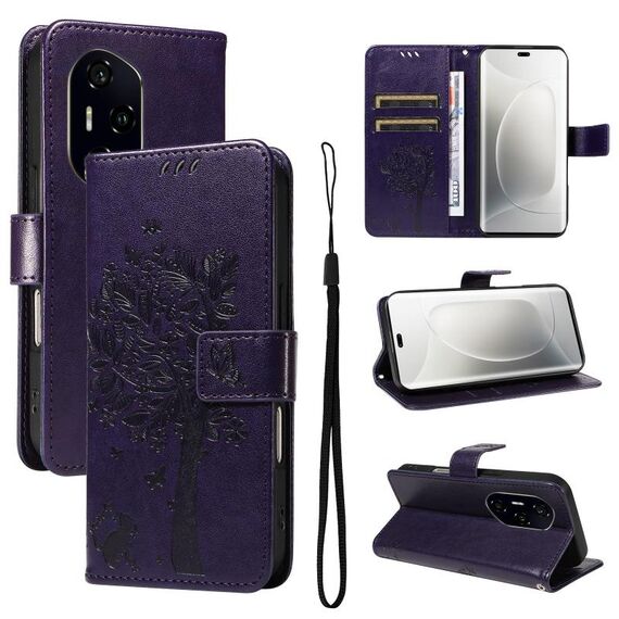 Per Honor 300 Pro / 300 Ultra Custodia in pelle con motivo in rilievo albero e gatto (viola)