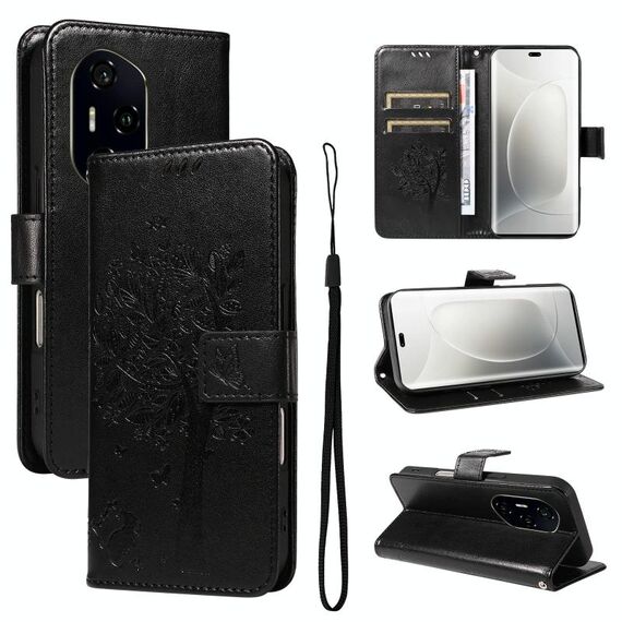 Per Honor 300 Pro / 300 Ultra Custodia in pelle con motivo in rilievo albero e gatto (nero)