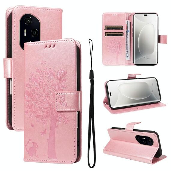 Per Honor 300 Pro / 300 Ultra Custodia in pelle con motivo in rilievo albero e gatto (oro rosa)