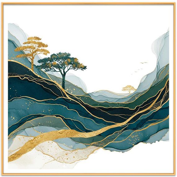 Dipinto decorativo Golden Mountains con cornice in lega di alluminio, stampa su richiesta, dimensioni: 70x70 cm