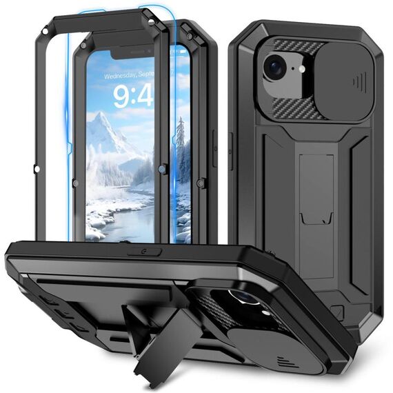 Per iPhone 16e Custodia per telefono con supporto impermeabile IP54 Life con fotocamera scorrevole (nero)
