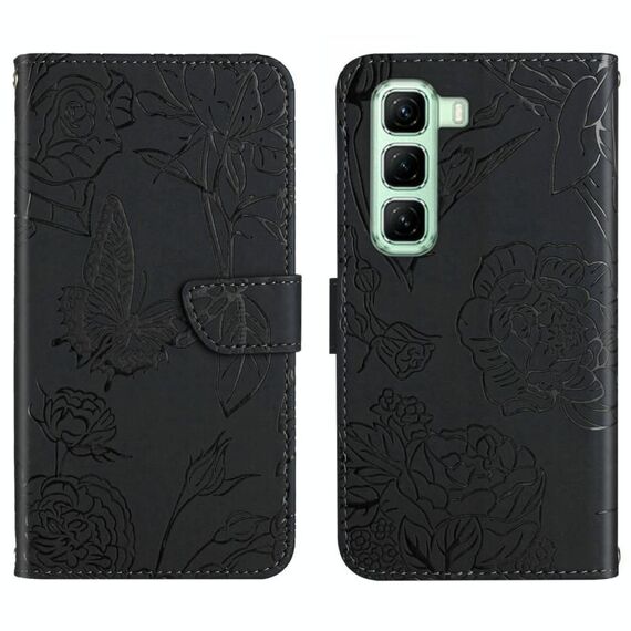 Custodia a libro in pelle con motivo a farfalla per Infinix Hot 50 Pro+ 4G (nera)