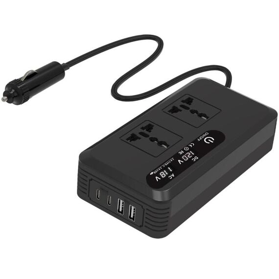 Gurxun Inverter per auto con doppio display digitale con 2 porte USB+2 porte di tipo C, spina universale 220 V