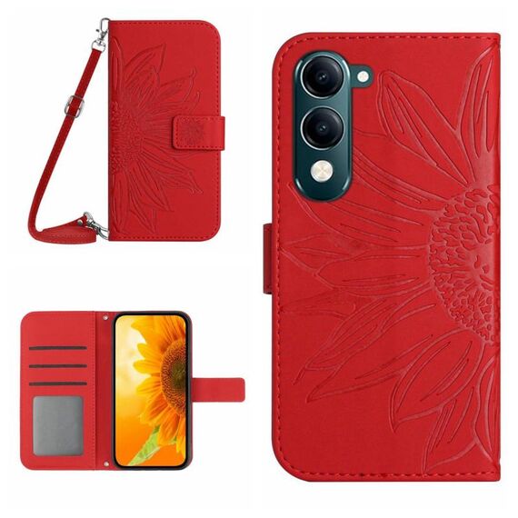 Per vivo Y04 4G / Y29s 5G Custodia in pelle con stampa a fiore di sole e cordino (rosso)
