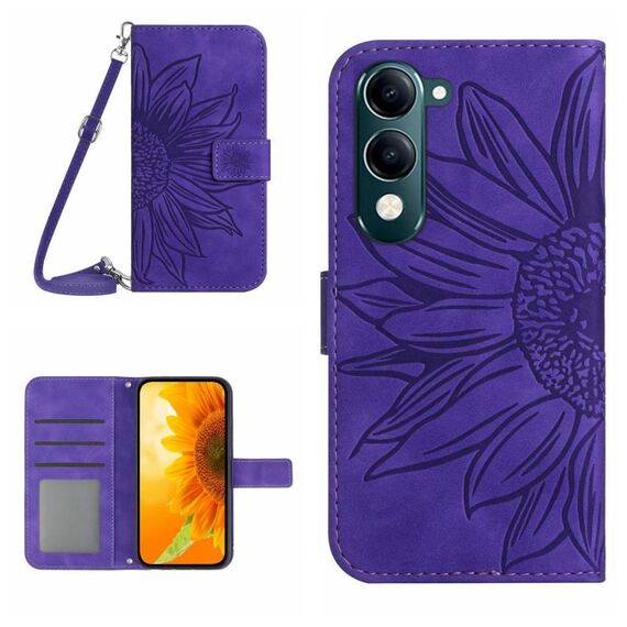 Per vivo Y04 4G / Y29s 5G Custodia in pelle con stampa a fiore di sole e cordino (viola scuro)