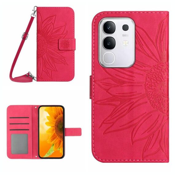 Per vivo Y29 4G Custodia in pelle con stampa a fiore di sole con cordino e motivo a flip con effetto pelle globale (rosso rosa)
