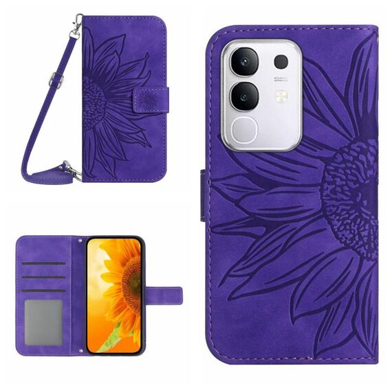 Per vivo Y29 4G Custodia per telefono in pelle con stampa a fiore di sole e cordino con motivo a flip Global Skin Feel (viola scuro)