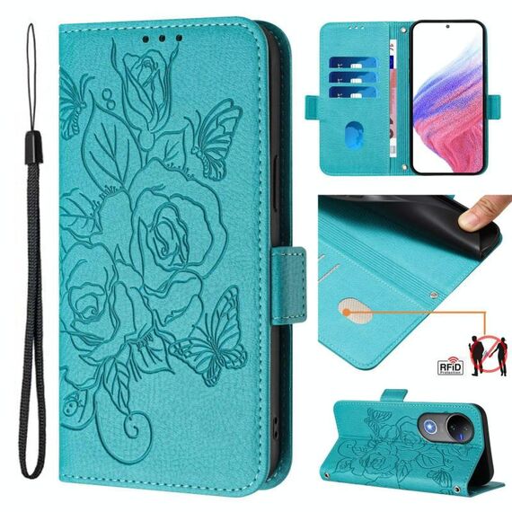 Per vivo V50 5G Global Embossed Rose RFID Anti-theft Custodia in Pelle per Telefono (Blu Chiaro)