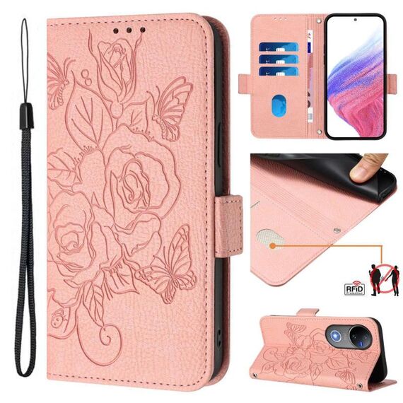 Per vivo V50 5G Global Embossed Rose RFID Anti-theft Custodia in pelle per telefono (rosa)
