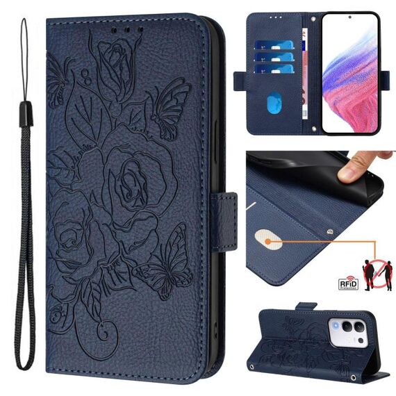 Per vivo Y29 4G Global Embossed Rose RFID Anti-furto Custodia in Pelle per Telefono (Blu Scuro)