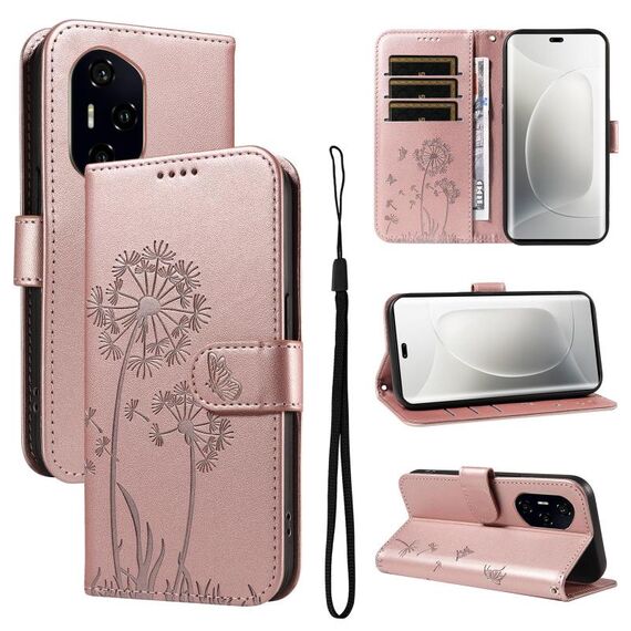 Per Honor 300 Pro / 300 Ultra Custodia in pelle con motivo in rilievo a forma di dente di leone (oro rosa)