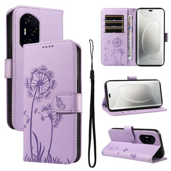 Per Honor 300 Pro / 300 Ultra Custodia in pelle con motivo in rilievo a forma di dente di leone (viola)