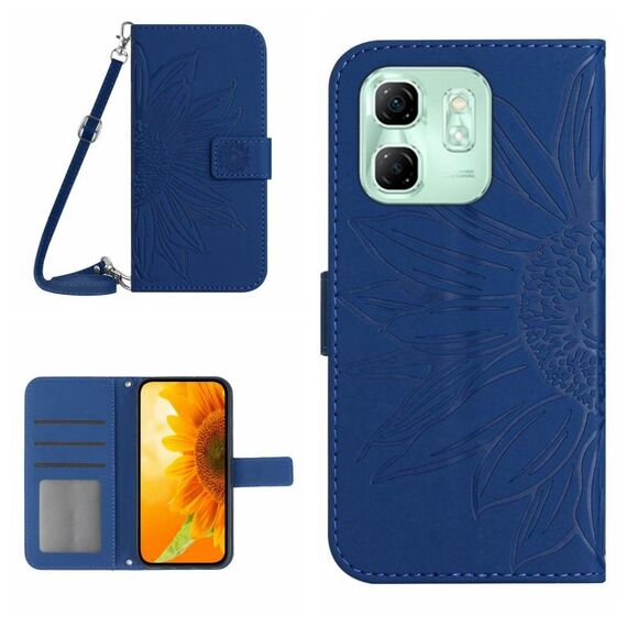 Per Infinix Hot 50i 4G Custodia in pelle con stampa a fiore di sole e cordino (blu scuro)