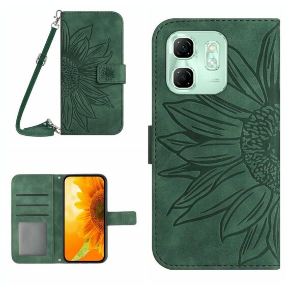 Custodia a libro in pelle con stampa a fiore di sole per Infinix Hot 50i 4G con cordino (verde)