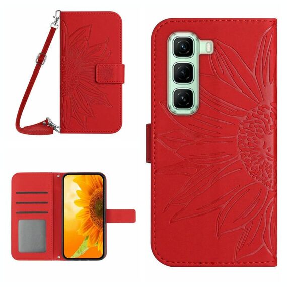 Per Infinix Hot 50 5G Custodia in pelle con stampa a fiore di sole e cordino (rosso)