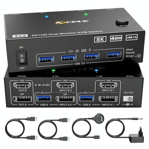 KC-KVM8202DH Switch KVM per doppio monitor HDMI e DP e USB3.0 8K 60Hz, spina UK