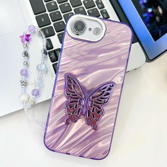 Per iPhone 16e placcatura glitter lente pellicola texture farfalla supporto braccialetto custodia per telefono (increspature dell'acqua viola)