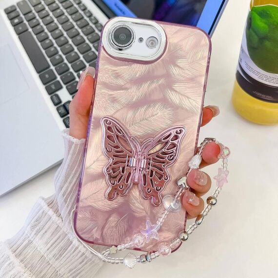 Per iPhone 16e placcatura glitter lente pellicola texture farfalla supporto braccialetto custodia per telefono (piume rosa)