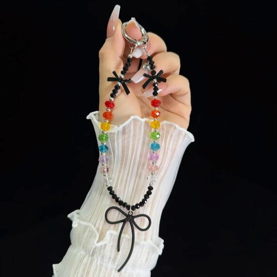 Catena per cellulare con perline di cristallo Love Bow (nero)