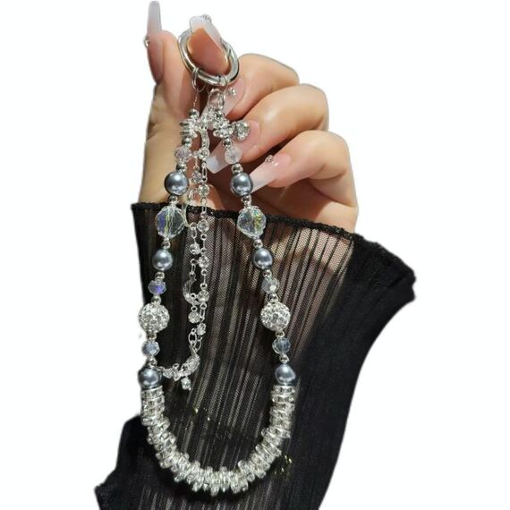Catena per cellulare con perline di cristallo e sfere di argilla (nera)