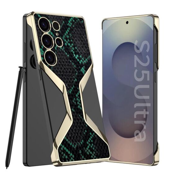 Per Samsung Galaxy S25 Ultra 5G GKK Borderless Plating Custodia per telefono in pelle con texture in pitone, penna non inclusa (verde)