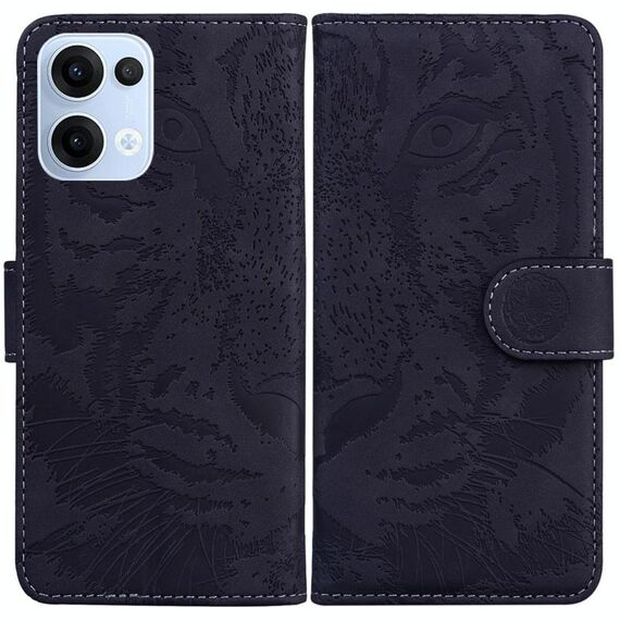 Per OPPO Reno13 Custodia per telefono in pelle con motivo a rilievo tigre globale (nero)