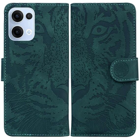 Per OPPO Reno13 Custodia per telefono in pelle con motivo a rilievo tigre globale (verde)