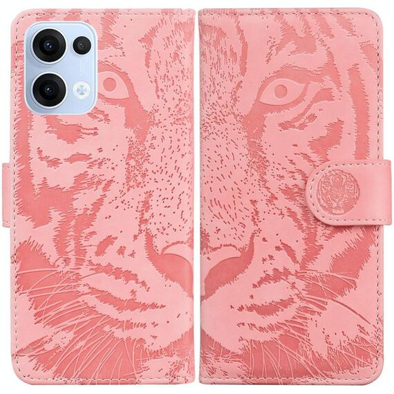 Per OPPO Reno13 Custodia per telefono in pelle con motivo a rilievo tigre globale (rosa)