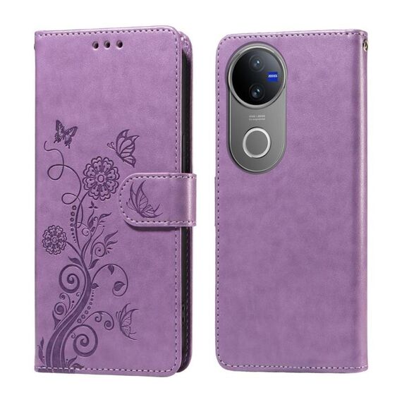 Per vivo V50 Custodia in pelle con fiori di farfalla in rilievo (viola)