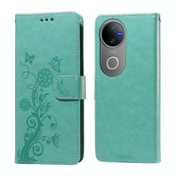 Per vivo V50 Custodia in pelle con motivo a farfalla e fiori in rilievo (verde)