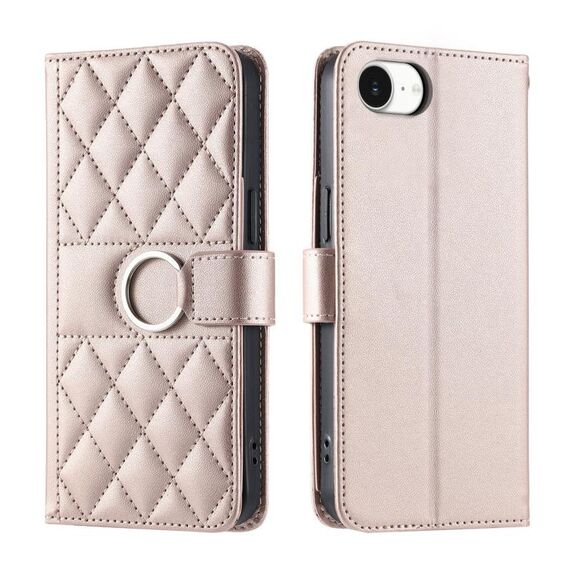 Per iPhone 16e Custodia per telefono in pelle con fibbia ad anello rombica (oro rosa)
