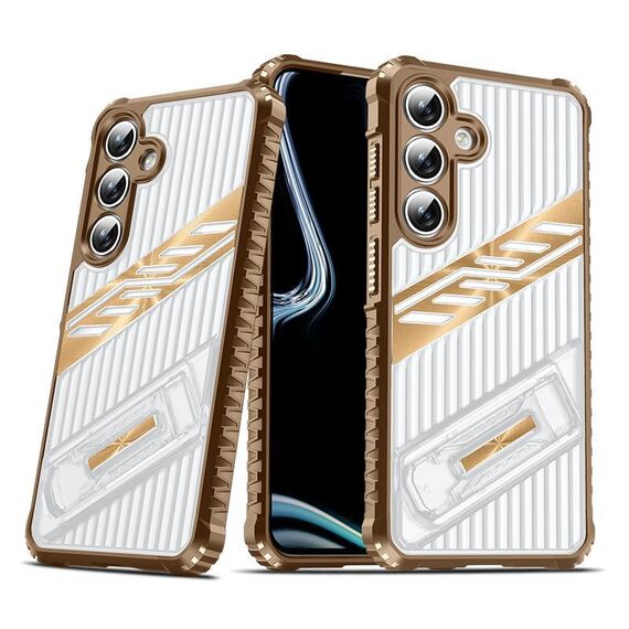 Per Samsung Galaxy S24 FE 5G Plating Holder PC Hybrid TPU Custodia per telefono (Desert Gold)
