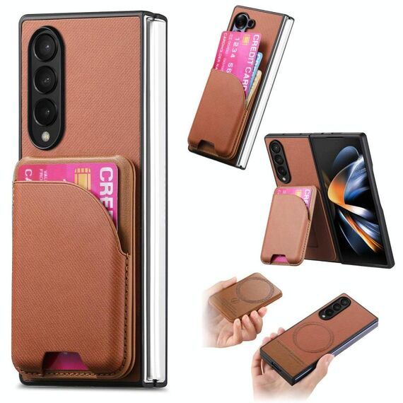 Per Samsung Galaxy Z Fold4 Twill Tessuto Pelle Pelle Carta Borsa Magnetica Posteriore Custodia per Telefono (Marrone)