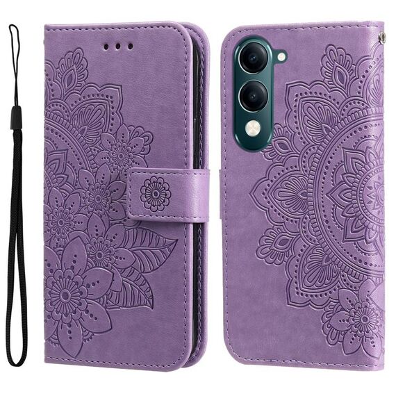 Per vivo Y29s 5G / Y04 4G Custodia in pelle con stampa a fiori a sette petali (viola chiaro)