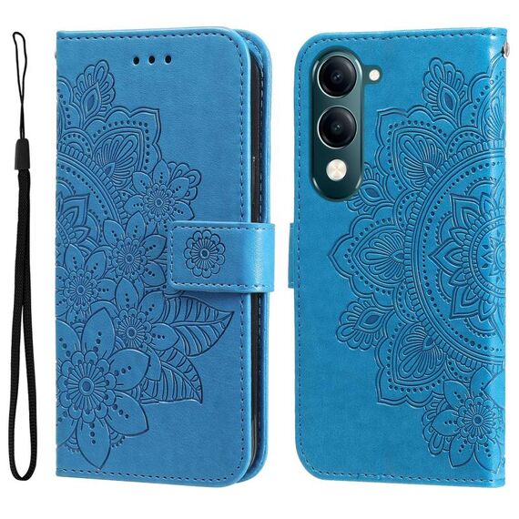 Per vivo Y29s 5G / Y04 4G Custodia in pelle con stampa a fiori a sette petali (blu)