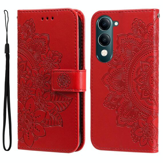 Per vivo Y29s 5G / Y04 4G Custodia in pelle con stampa a fiori a sette petali (rosso)