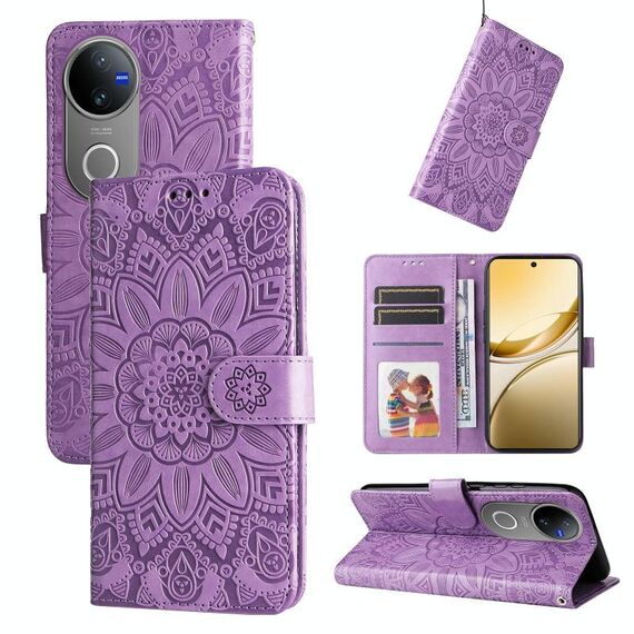Per vivo V50 Custodia per telefono in pelle con motivo girasole in rilievo (viola)