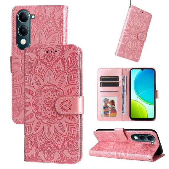 Per vivo Y29s 5G / Y04 4G Custodia per telefono in pelle con motivo girasole in rilievo (oro rosa)