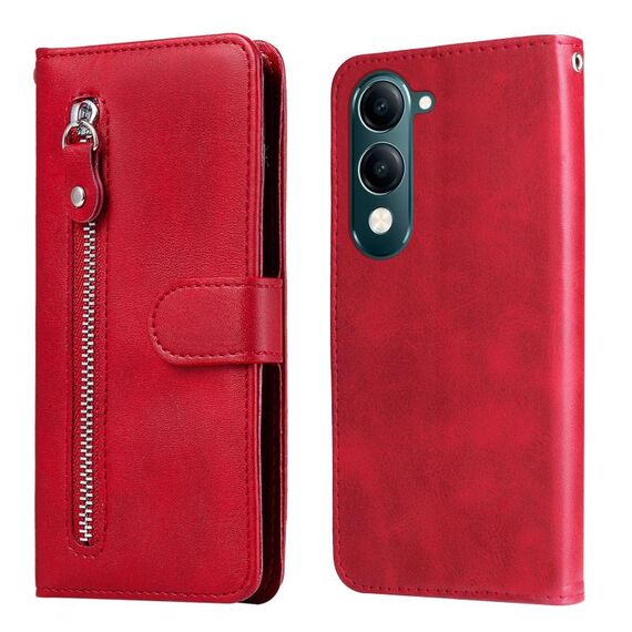 Per vivo Y29s 5G / Y04 4G Custodia per telefono in pelle con cerniera e texture di vitello alla moda (rosso)