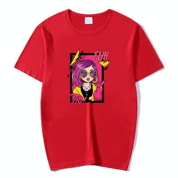 Maglietta a maniche corte con scollo rotondo e stampa con ragazza dai capelli viola, stampa su richiesta, taglia: XXXXL (rosso)