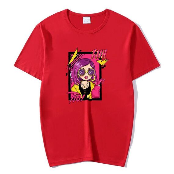 Maglietta a maniche corte con scollo rotondo e stampa con ragazza dai capelli viola, stampa su richiesta, taglia: XXXXXL (rosso)
